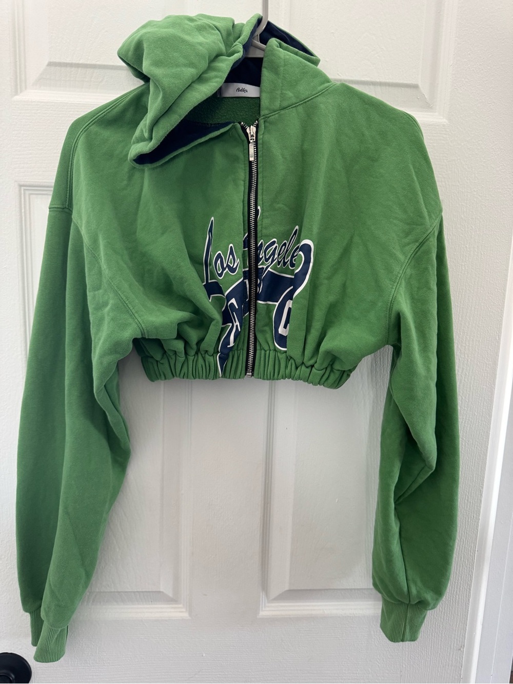 Adika Green Cropped Hooded Zip Jacket with Graphic Script